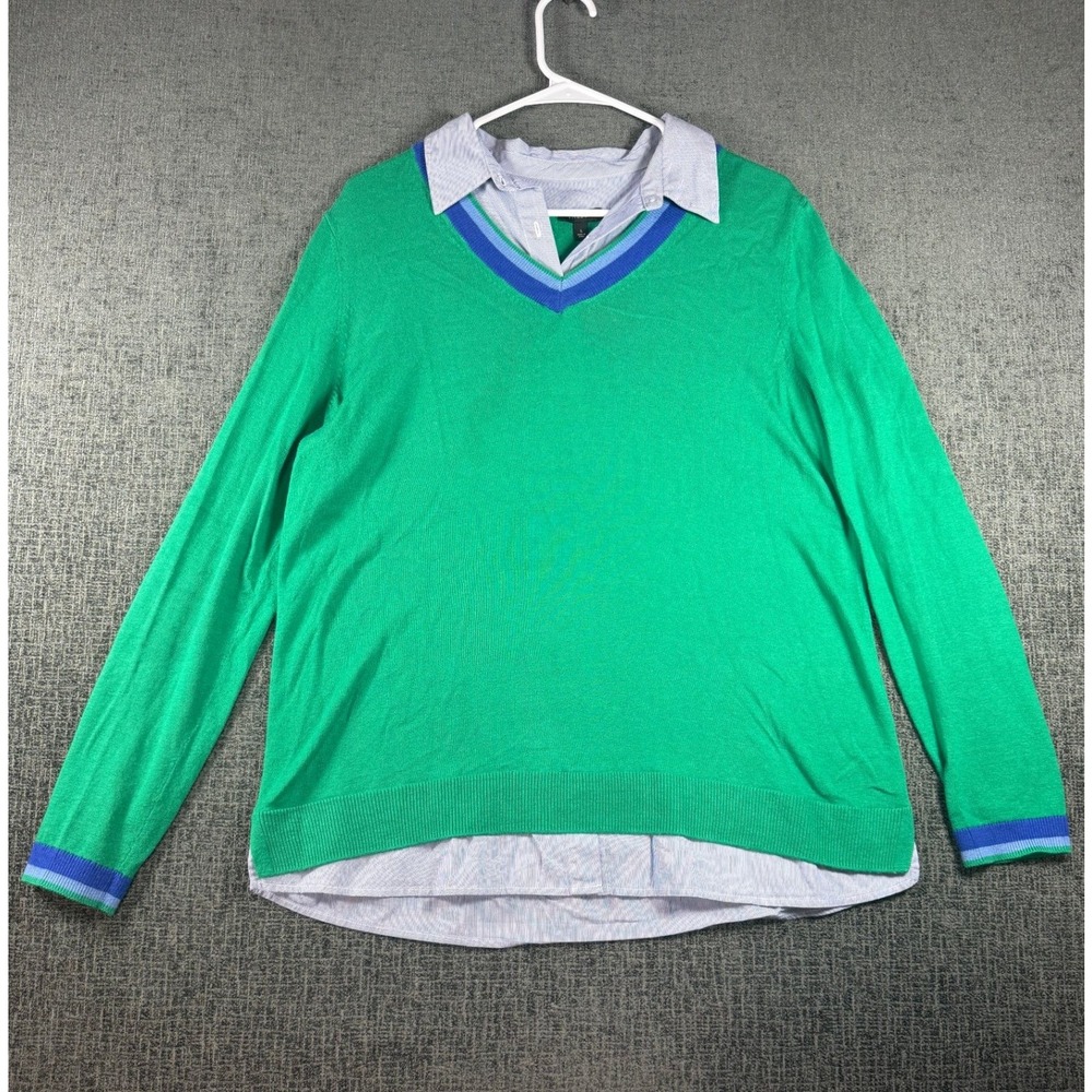 Talbots Womens Green Layered V-Neck Sweater Cashmere Blend Large Striped Trim